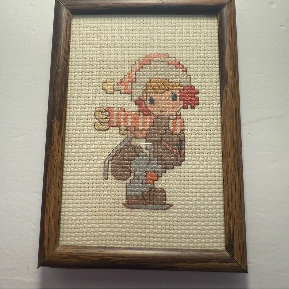 PRECIOUS MOMENTS 1980s Framed Handmade Art Cross Stitch Winter Skate Scene